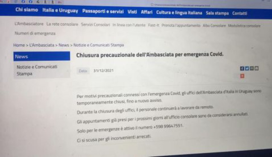 imagen de Las oficinas de la Embajada de Italia en Montevideo están cerradas hasta nuevo aviso.